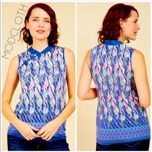 ModCloth Mandarin Collar Peacock Sleeveless Top